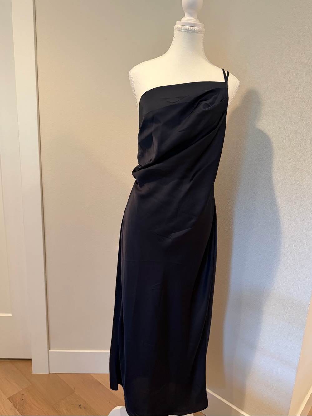 One-Shoulder Strap Navy Draped Satin Dress